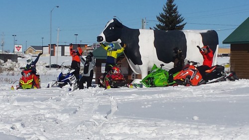 Snow Mobilers posing in front of the Giant cow statue